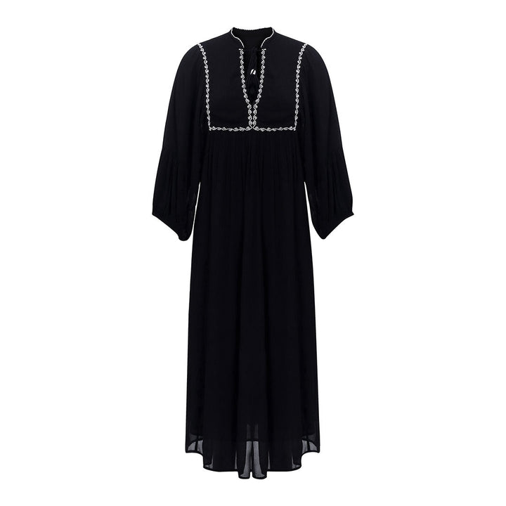 Saint Roxanne black crepe midi dress for women UK, shown flat with embroidered tie-neck bib and bishop sleeves.