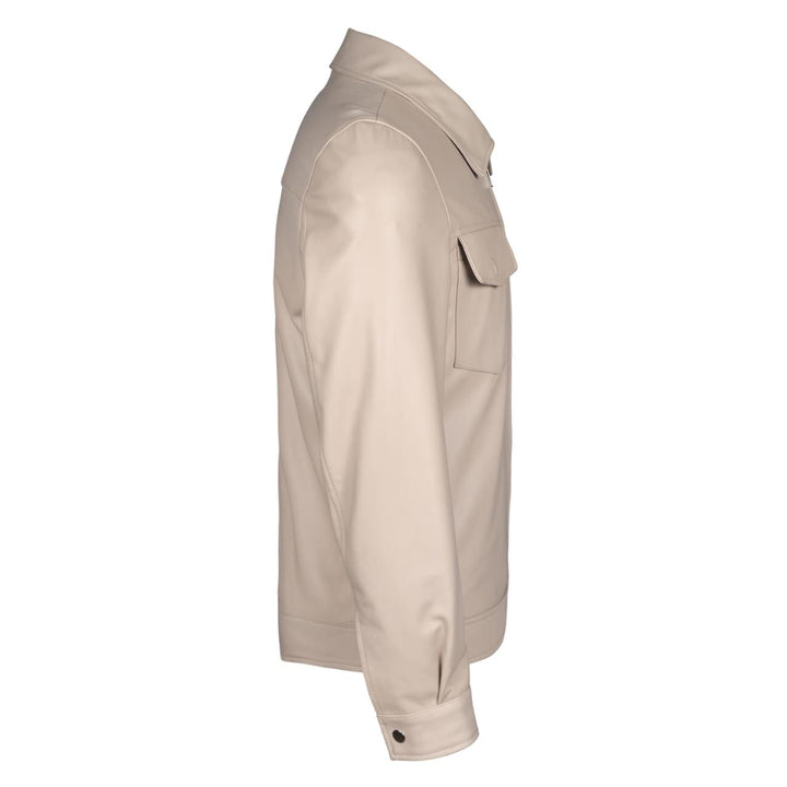 Back view of a man wearing an off-white leather jacket.