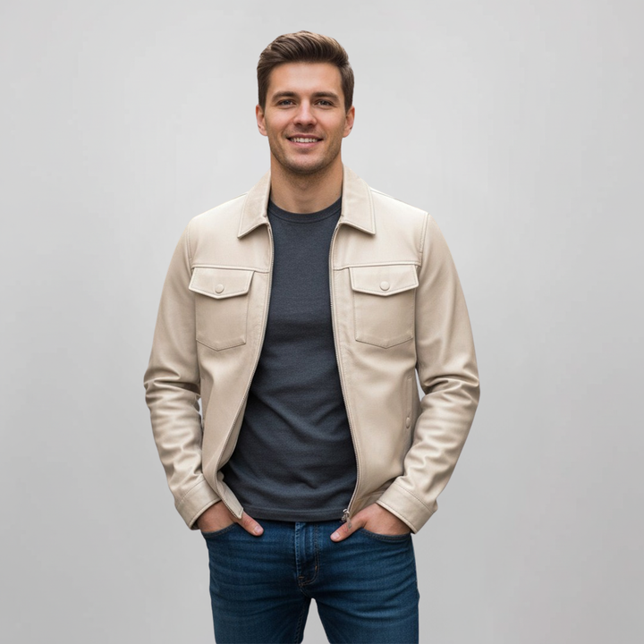 Man wearing an open off-white leather jacket with a collar.