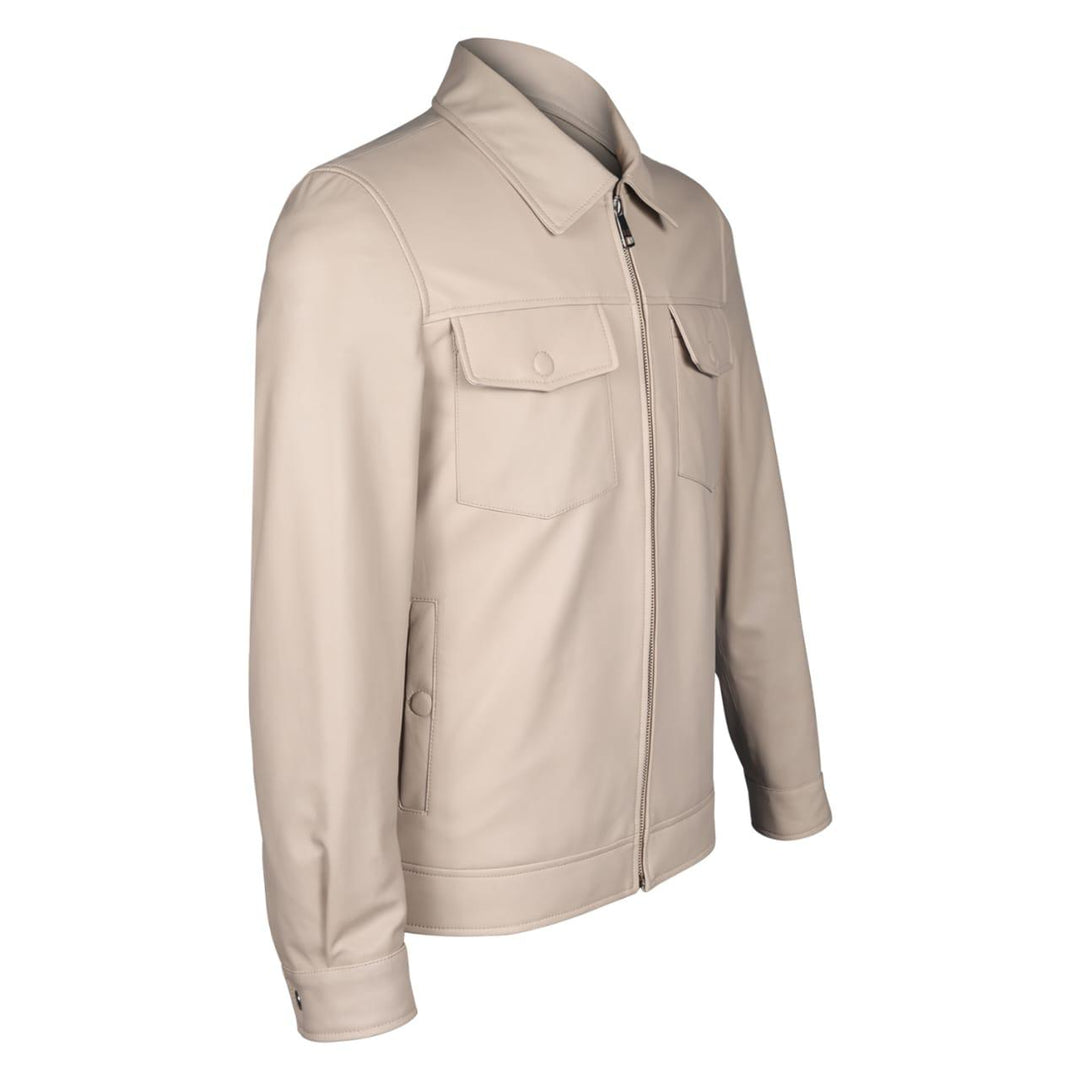 Side view of a man wearing an off-white leather jacket.