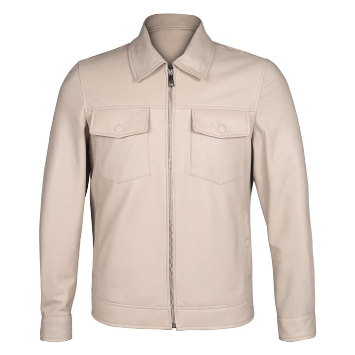 Man wearing a zipped-up off-white leather jacket.