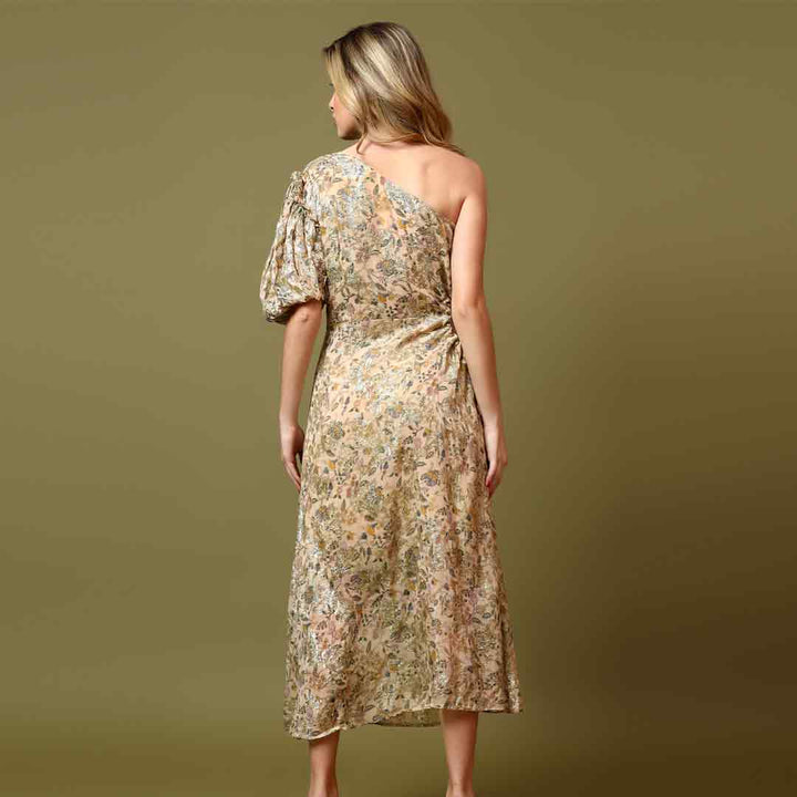 Women's multicolour one-shoulder midi dress by Saint Sabine, back view.