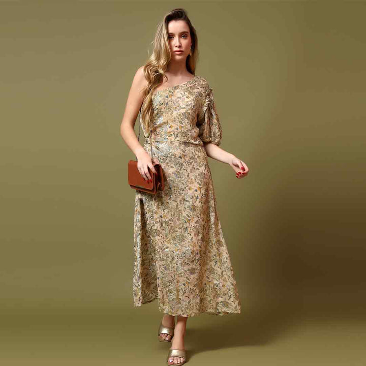 Saint Sabine multicolour one-shoulder midi dress for women UK, front view styled with a handbag.