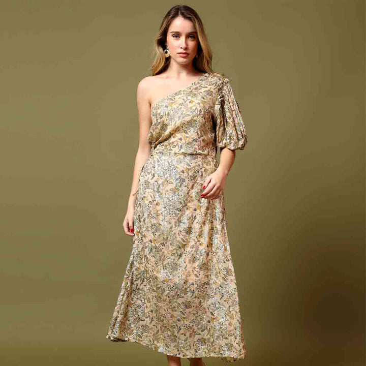 Saint Sabine multicolour one-shoulder midi dress for women UK, front view with puff sleeve.