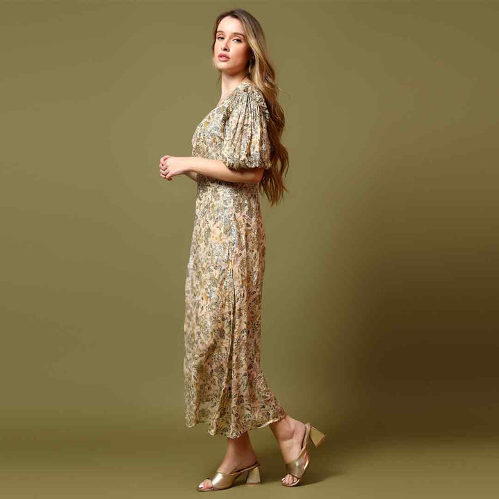 Women's multicolour one-shoulder midi dress by Saint Sabine, side view showing side slit.