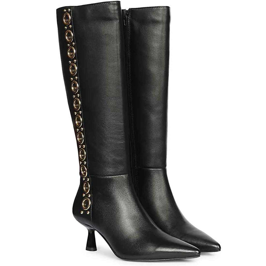 Black leather knee high boots for women UK, pair view showing gold eyelet trim
