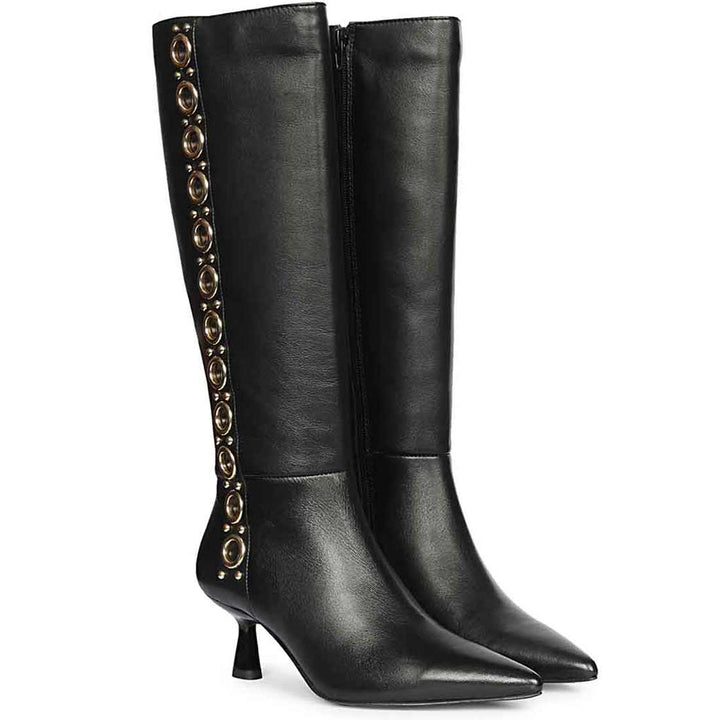 Black leather knee high boots for women UK, pair view showing gold eyelet trim