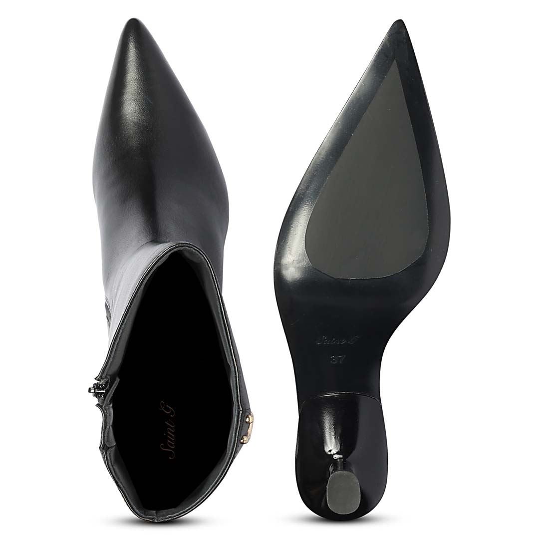 Saint Sadie black leather knee high boots, interior and sole view