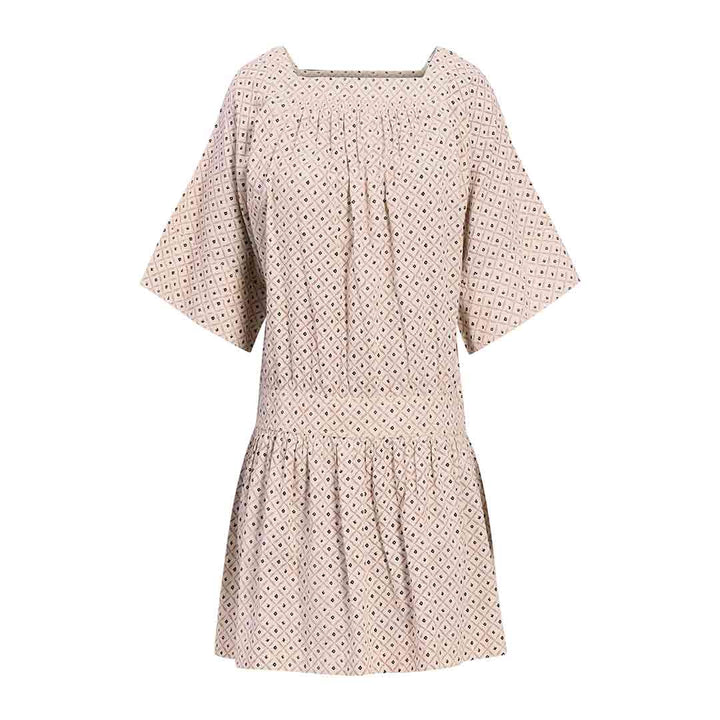 Saint Saelora ivory diamond-print cotton cambric short dress for women UK, shown flat with square neckline and kimono sleeves.