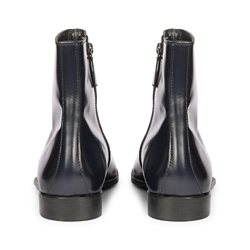Navy Blue Leather Ankle Boots for Men, Back View - Handcrafted UK