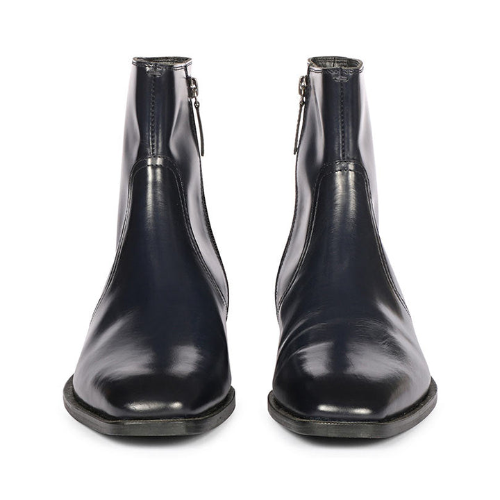 Best Men's Blue Leather Ankle Boots, Front View - Handcrafted UK
