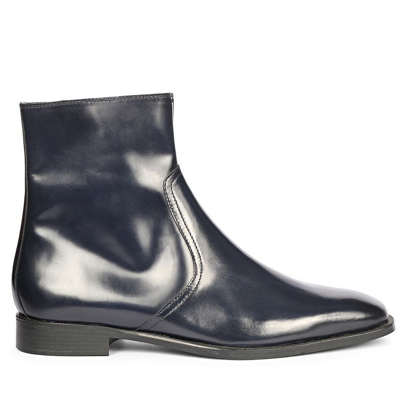 Best Men's Navy Blue Leather Ankle Boots - Side View, Handcrafted Boots UK