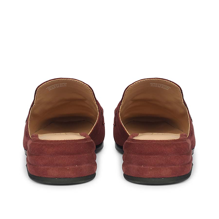 Best women's burgundy suede horsebit backless moccasins – ladies heel and back view, UK