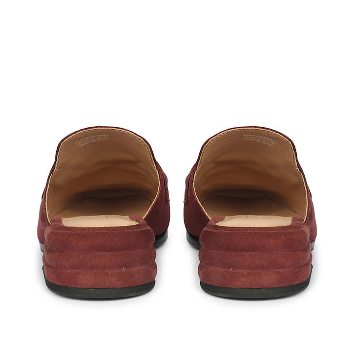 Best women's burgundy suede horsebit backless moccasins – ladies heel and back view, UK