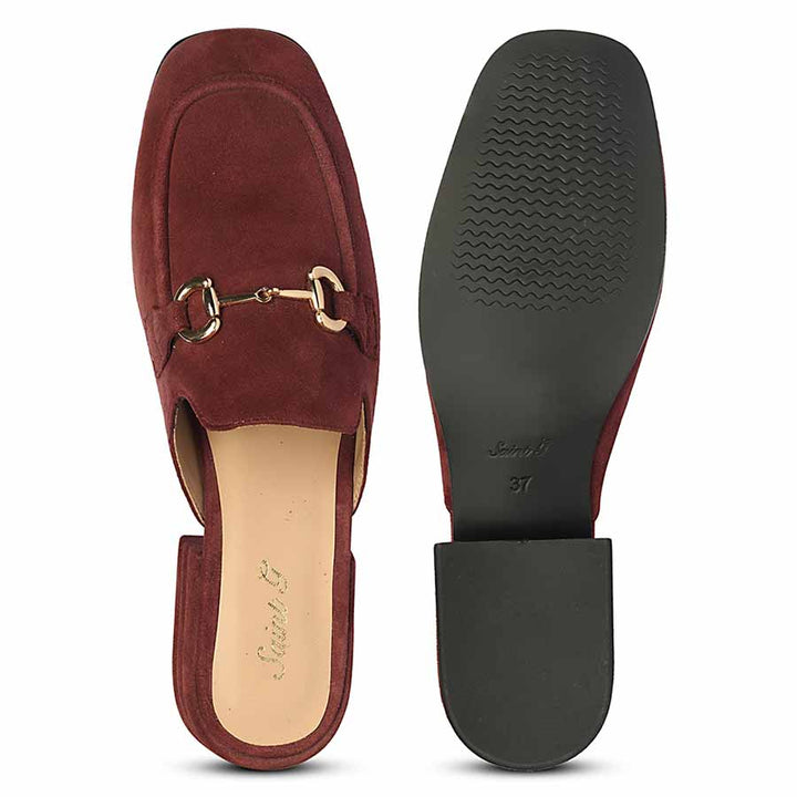 Best ladies burgundy suede horsebit backless moccasins, women's top and sole flat lay, UK