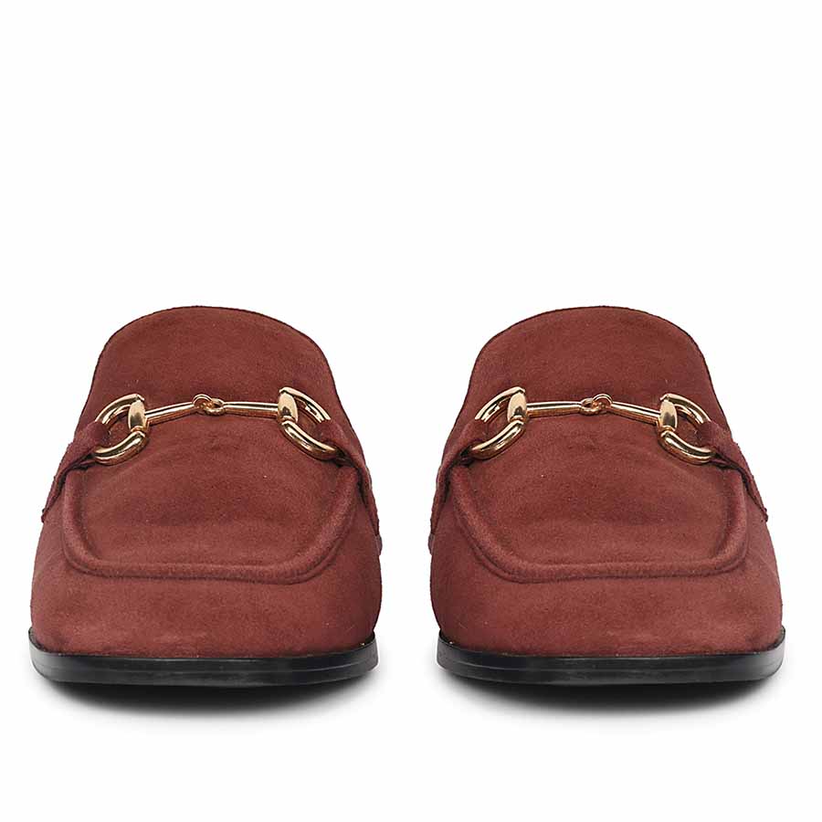 Women's burgundy suede horsebit backless moccasins, ladies toe front view – best UK