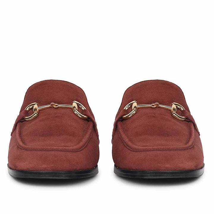 Women's burgundy suede horsebit backless moccasins, ladies toe front view – best UK
