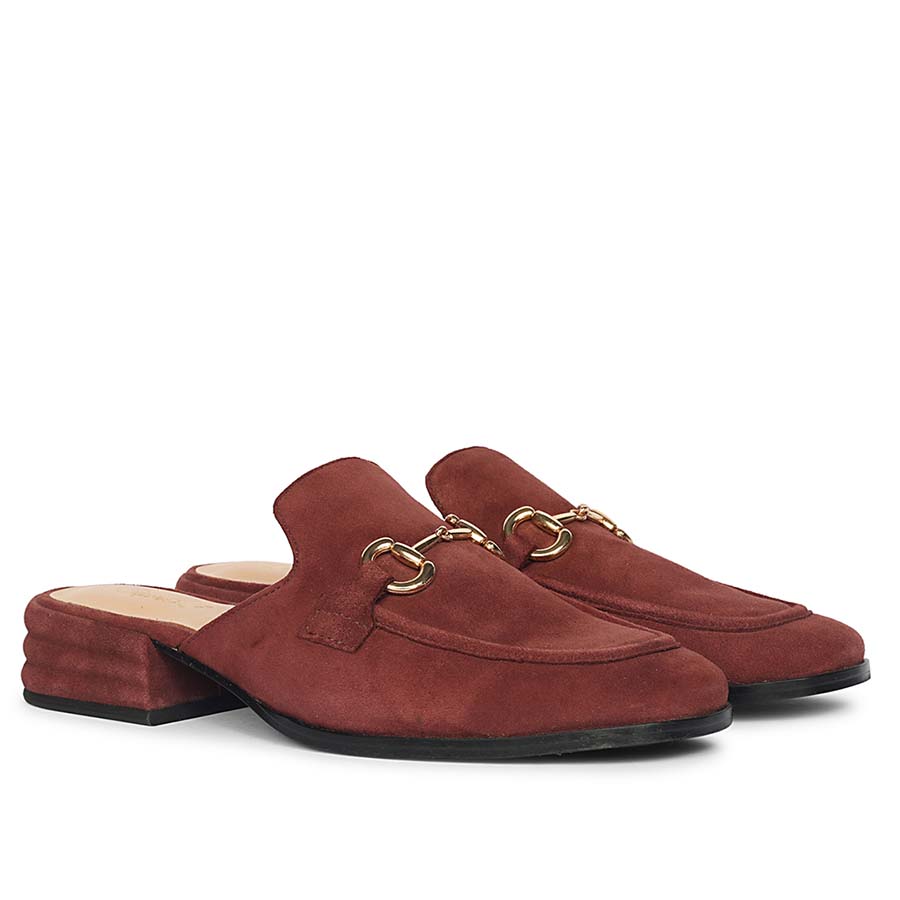 Women's burgundy suede horsebit backless moccasins, ladies pair view – best sellers UK