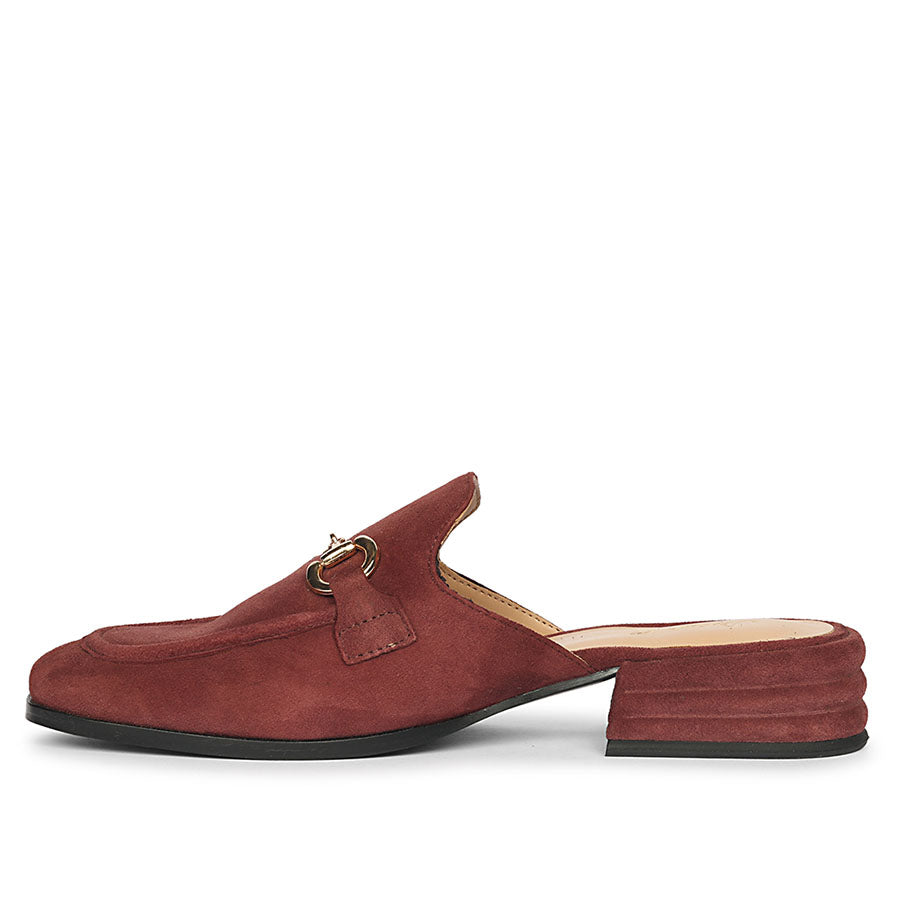 Ladies burgundy suede horsebit backless moccasins, best women's side angle view, UK