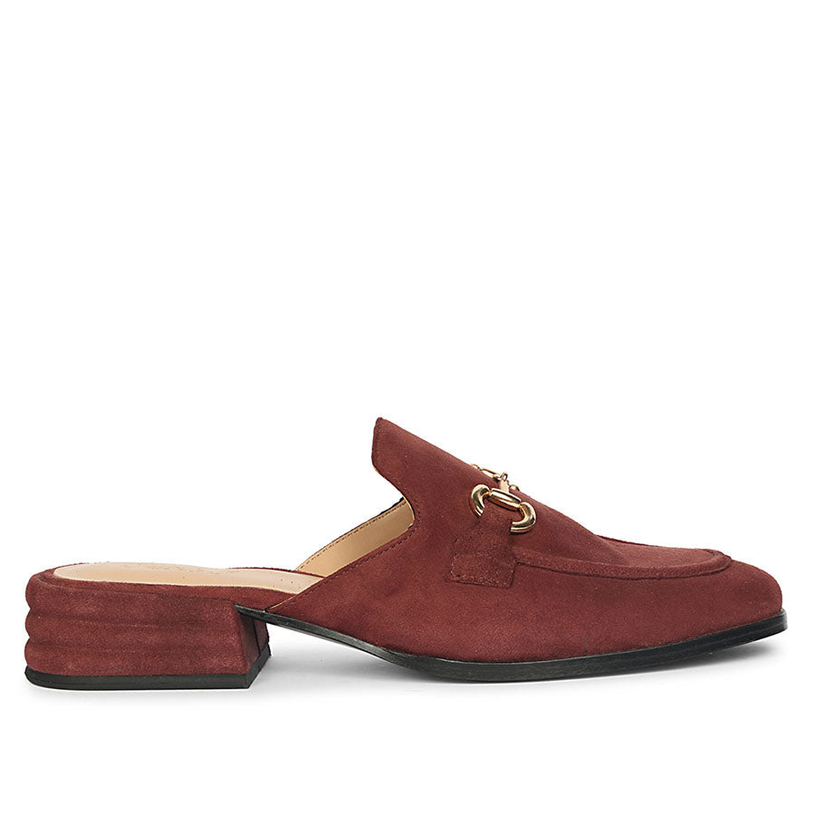 Best burgundy suede horsebit backless moccasins for women – ladies side profile view, UK