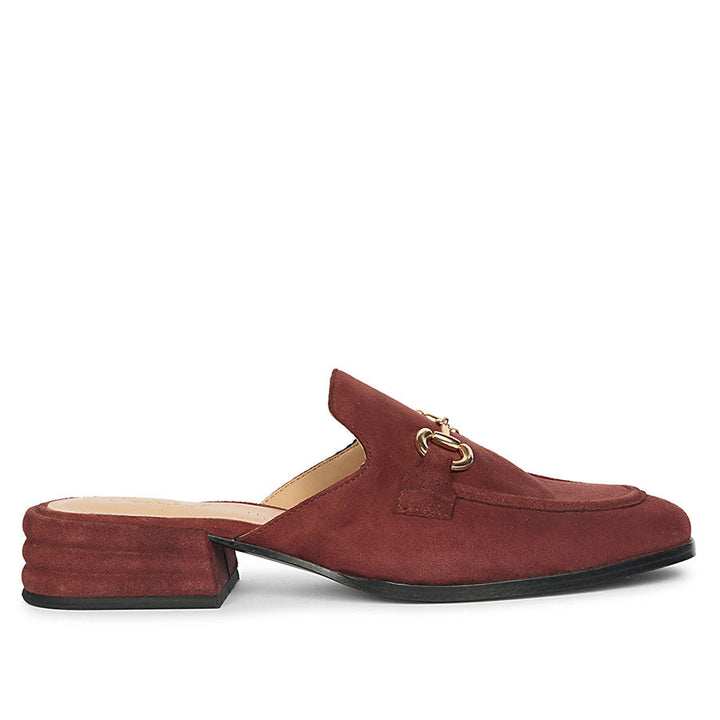 Best burgundy suede horsebit backless moccasins for women – ladies side profile view, UK