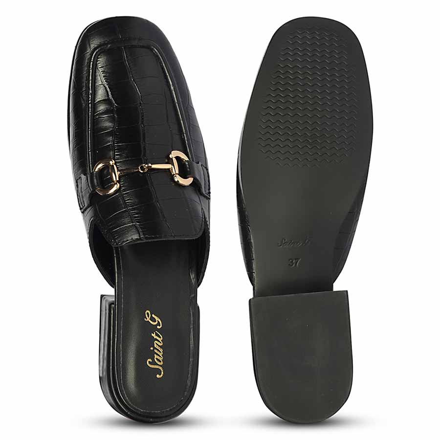 Best ladies croc-embossed black leather horsebit moccasins, women's top and sole flat lay, UK