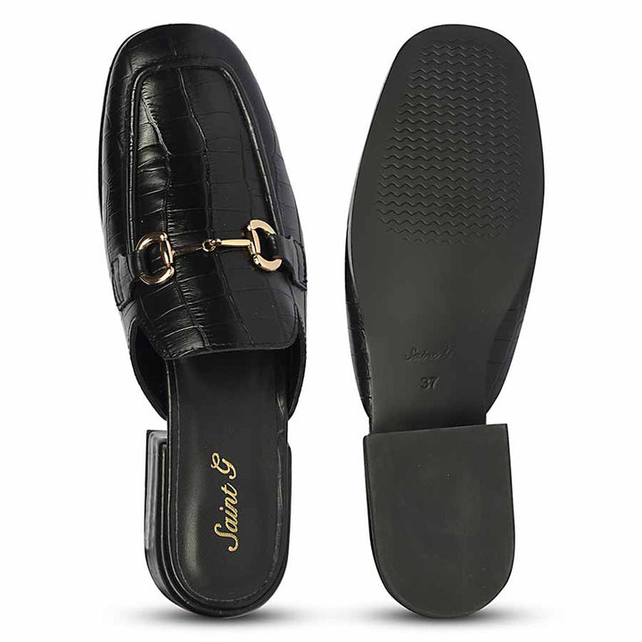Best ladies croc-embossed black leather horsebit moccasins, women's top and sole flat lay, UK