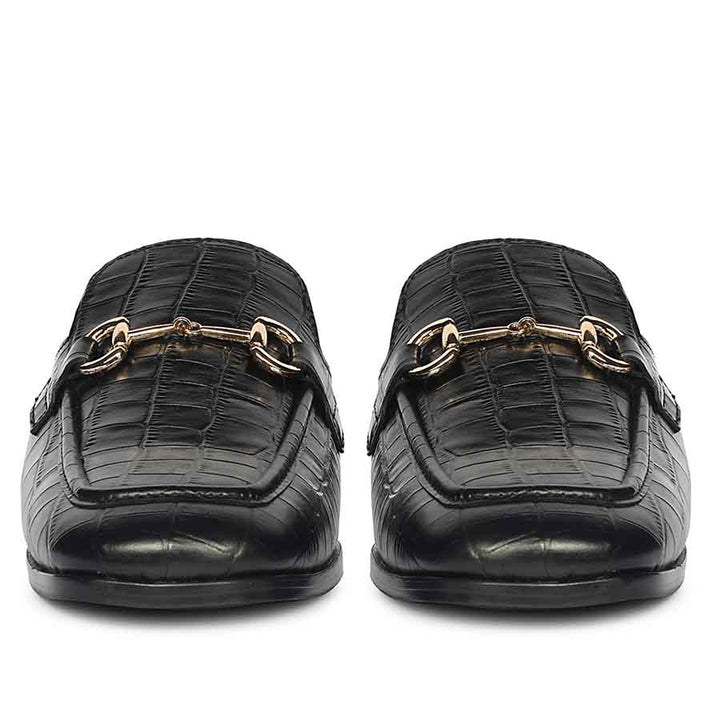Women's croc-embossed black leather horsebit moccasins, ladies toe front view – best UK