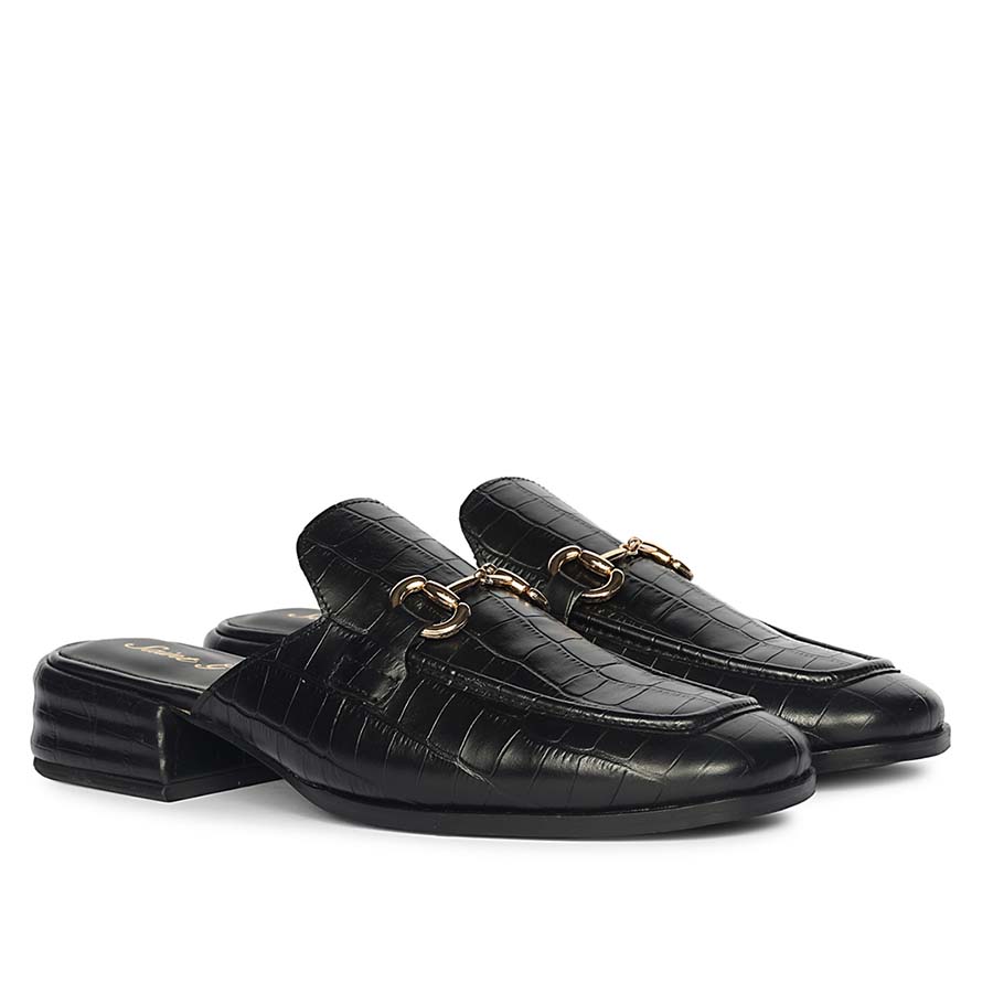 Women's croc-embossed black leather horsebit moccasins, ladies pair view – best sellers UK