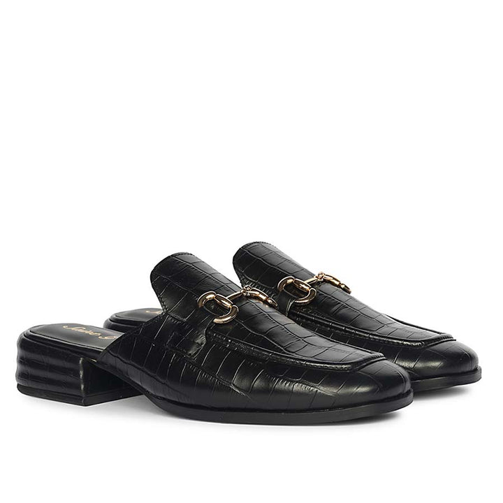 Women's croc-embossed black leather horsebit moccasins, ladies pair view – best sellers UK