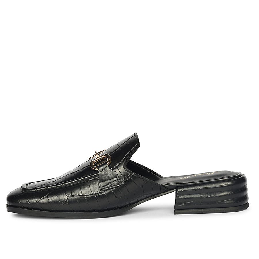 Ladies croc-embossed black leather horsebit moccasins, best women's side angle view, UK