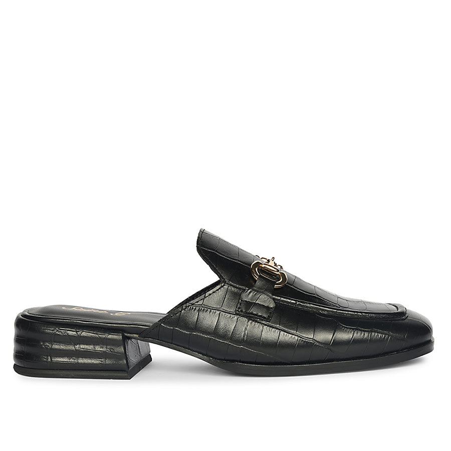 Best croc-embossed black leather horsebit moccasins for women – ladies side profile view, UK