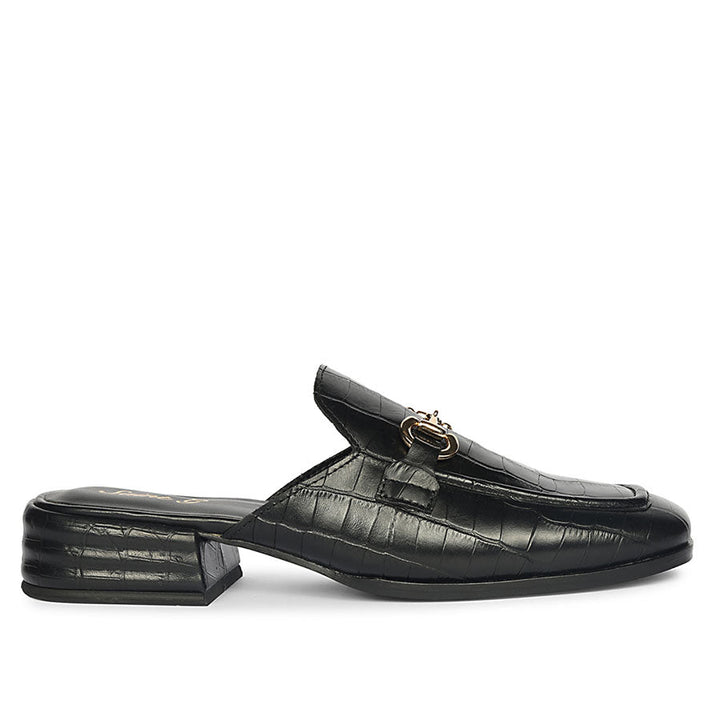 Best croc-embossed black leather horsebit moccasins for women – ladies side profile view, UK