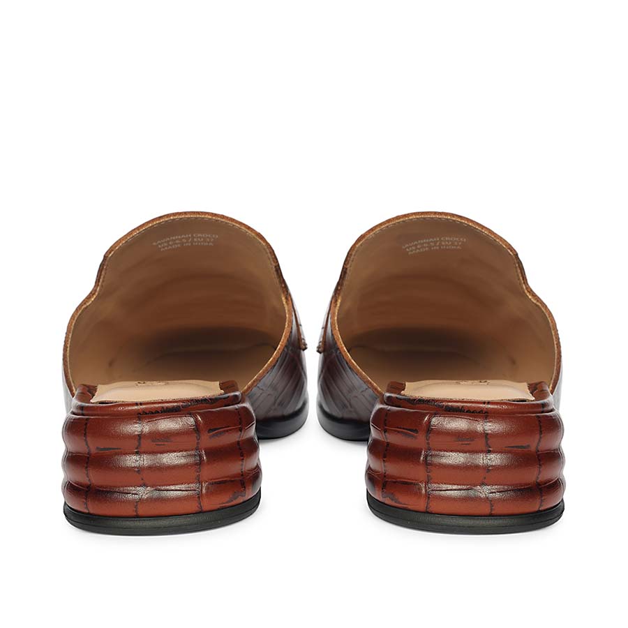 Best women's croc-embossed chocolate leather horsebit moccasins – ladies heel and back view, UK