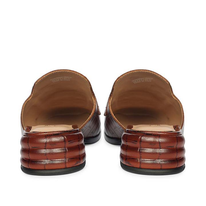 Best women's croc-embossed chocolate leather horsebit moccasins – ladies heel and back view, UK