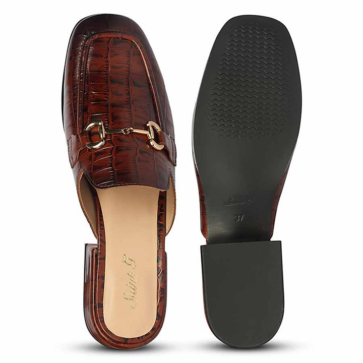Best ladies croc-embossed chocolate leather horsebit moccasins, women's top and sole flat lay, UK