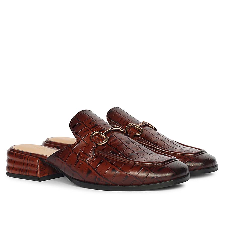 Women's croc-embossed chocolate leather horsebit moccasins, ladies pair view – best sellers UK