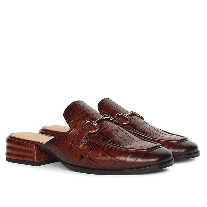 Women's croc-embossed chocolate leather horsebit moccasins, ladies pair view – best sellers UK