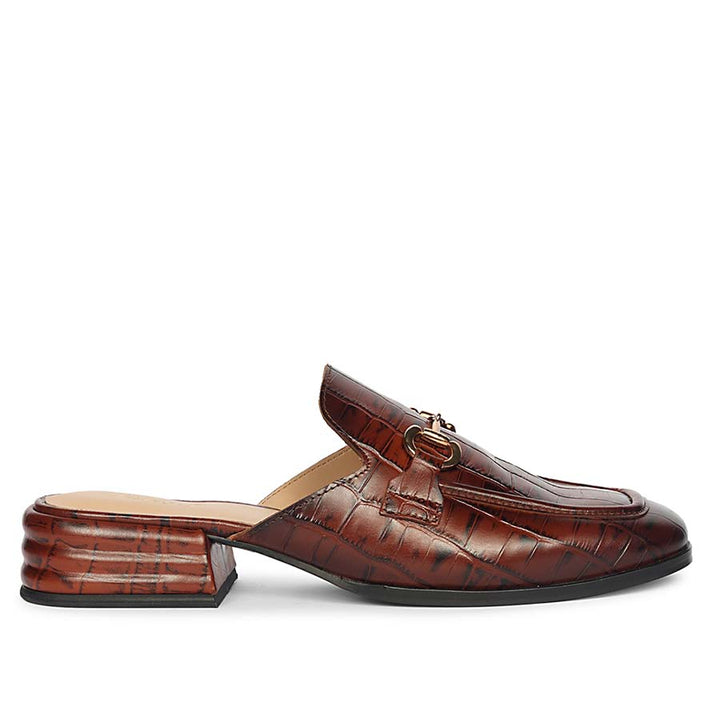 Best croc-embossed chocolate leather horsebit moccasins for women – ladies side profile view, UK