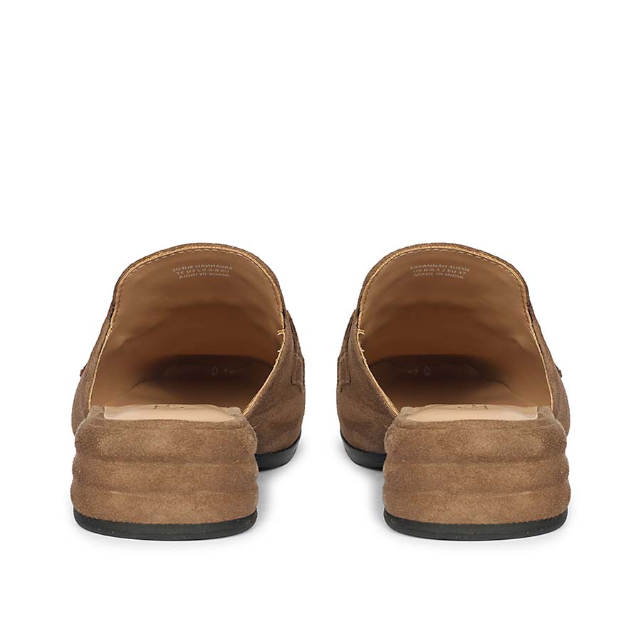Best women's dark taupe suede horsebit backless moccasins – ladies heel and back view, UK