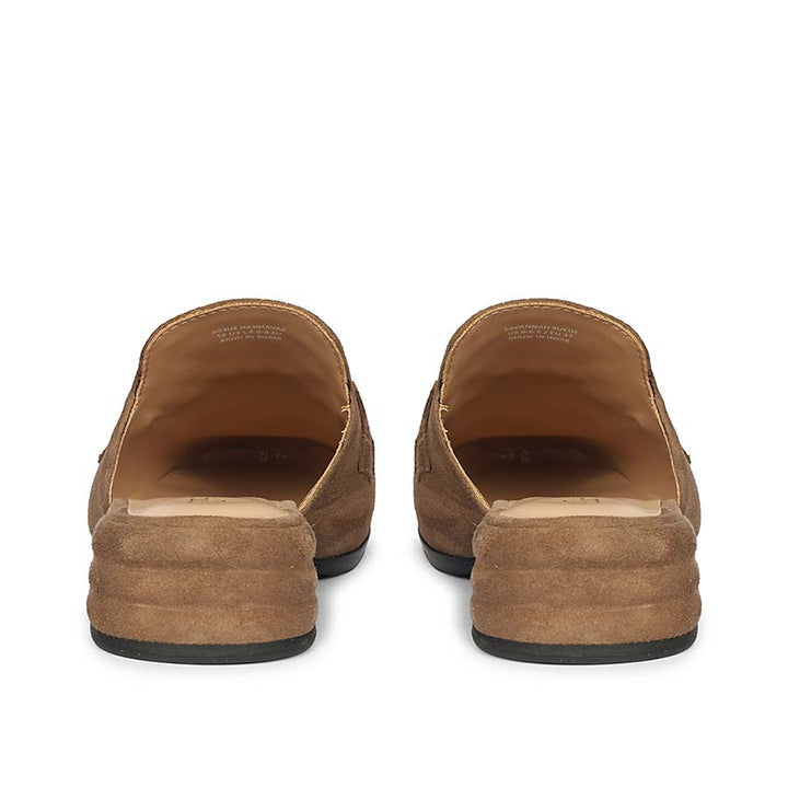 Best women's dark taupe suede horsebit backless moccasins – ladies heel and back view, UK