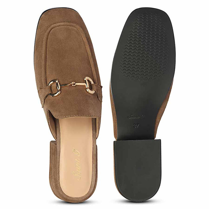 Best ladies dark taupe suede horsebit backless moccasins, women's top and sole flat lay, UK