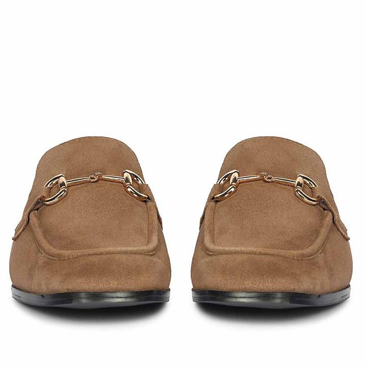 Women's dark taupe suede horsebit backless moccasins, ladies toe front view – best UK