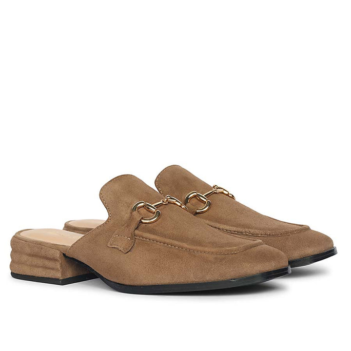Women's dark taupe suede horsebit backless moccasins, ladies pair view – best sellers UK