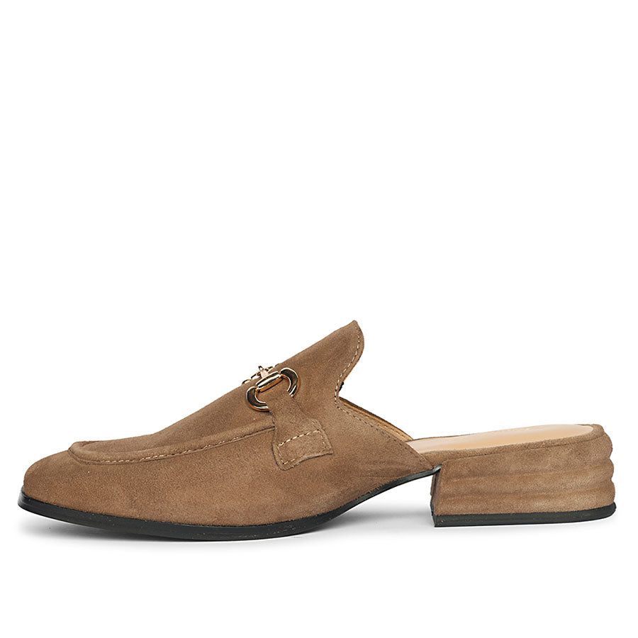 Ladies dark taupe suede horsebit backless moccasins, best women's side angle view, UK