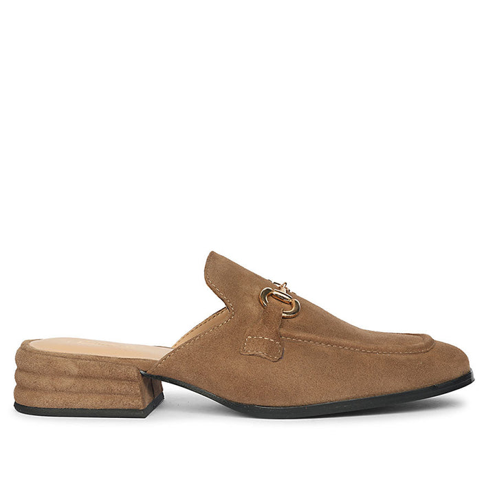 Best dark taupe suede horsebit backless moccasins for women – ladies side profile view, UK