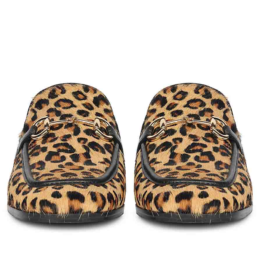 Women's leopard print pony hair-on leather horsebit moccasins, ladies toe front view – best UK