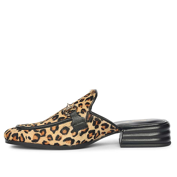 Ladies leopard print pony hair-on leather horsebit moccasins, best women's side angle view, UK
