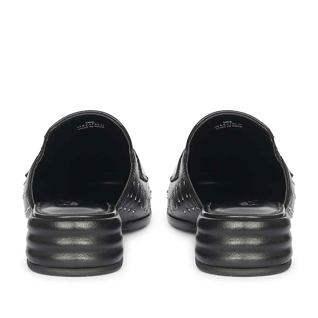 Best women's studded black leather penny-bar moccasins – ladies heel and back view, UK