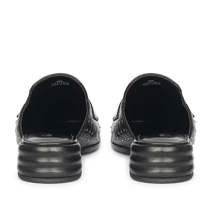 Best women's studded black leather penny-bar moccasins – ladies heel and back view, UK